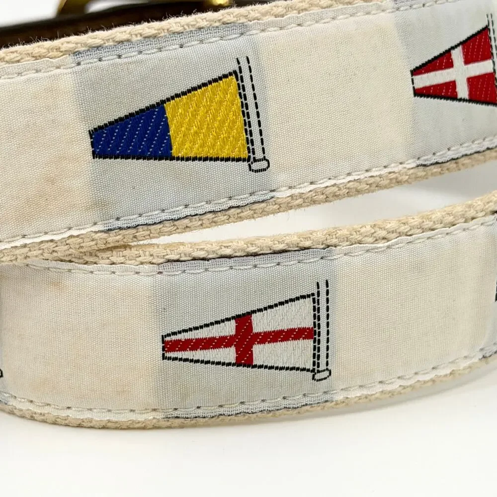 Vintage 90s White Woven Nautical Signal Flag Canvas Leather Trim Belt